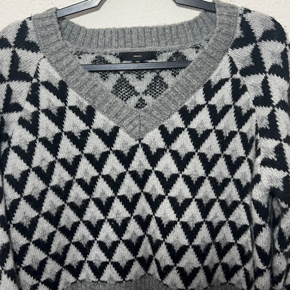 MM & CO. v neck Sweater XS checkered wool blend knit oversized fall preppy - Picture 3 of 7